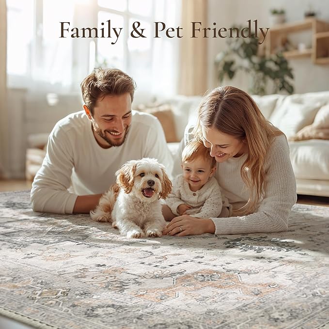 GENIMO 3x5 Area Rugs for Living Room, Machine Washable Non Slip Vintage Rugs, Low Pile Lightweight Chenille Print Rug for Bedroom, Dining Room, Home Office, Light Taupe Brown