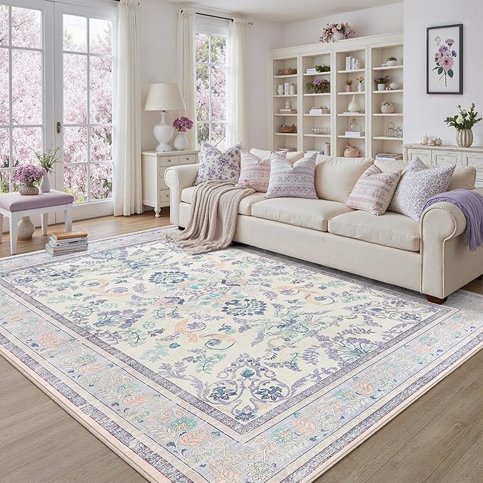 DCX Floral Area Rugs 9x12 Living Room, Soft Anti-Skid Machine Washable Purple Area Rugs Stain Resistant Neutral Boho Carpet for Bedroom Large Low Pile Lightweight Room Rug