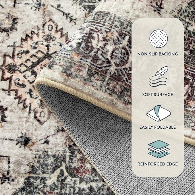 Lahome Oriental Small Rugs for Entryway, 2x3 Rug Non Slip Washable Door Mat Indoor Entrance Ultra-Thin Vintage Soft Carpet for Kitchen Bedroom Front Door Bathroom, Brown/Grey
