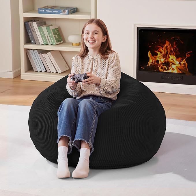 Homguava 2.5FT Bean Bag Chair,Teardrop Bean Bags Small Beanbag Chair with Memory Foam Filled and Ultra Soft Corduroy Cover for Living Room, Bedroom (Black)