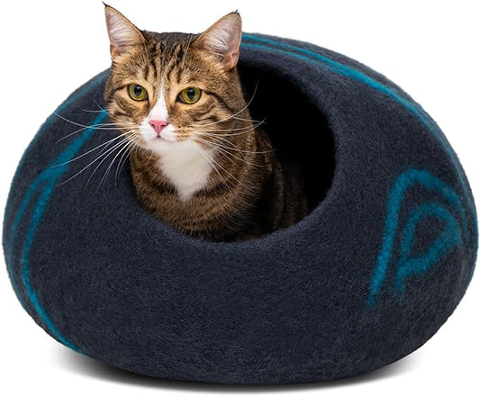 MEOWFIA Cat Cave – Premium Felt Cat Bed for Indoor Cats, Handmade Merino Wool (Black Aqua, Medium)
