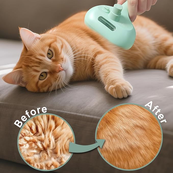 Pet Steam Brush for Dogs & Cats - 2-in-1 Deshedding & Detangling Tool with Steam Spray, Anti-Static Grooming Brush for Long/Short Haired Pets, Waterless Cleaning & Massage(Green)