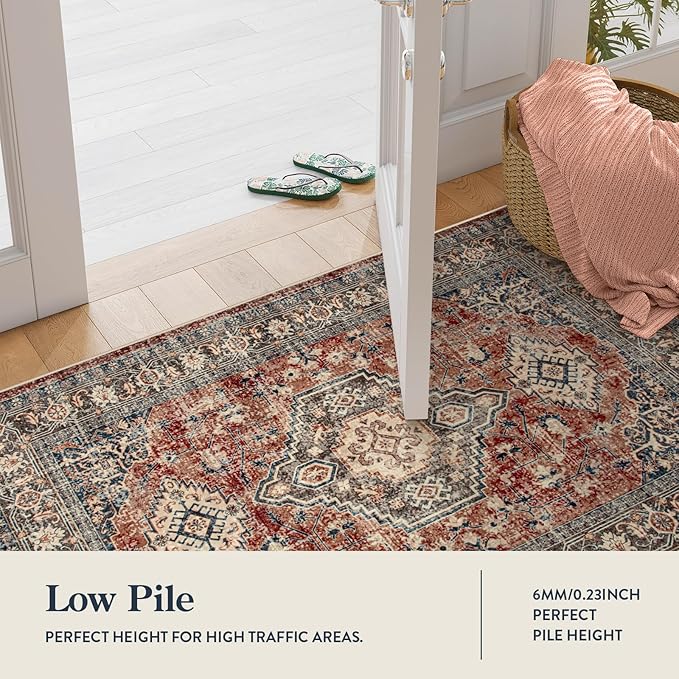 Lahome Oriental Washable Round Rugs, Non-Slip Round Rug 4ft Ultra-Thin, Vintage Soft Small Circle Carpet for Entryway Kitchen Bedroom Nursery Bathroom, Brick Red