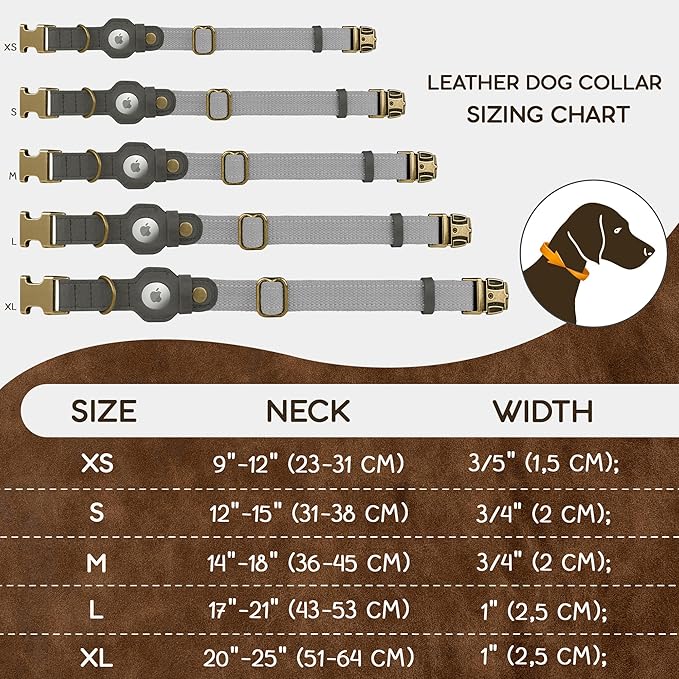 Reflective Leather Dog Collar with AirTag Holder - Soft Apple Airtag Dog Collar with Metal Buckle - Safety Cotton Pet Collars for Dogs Small Large Dogs Puppy (Grey, S, 12"-15")