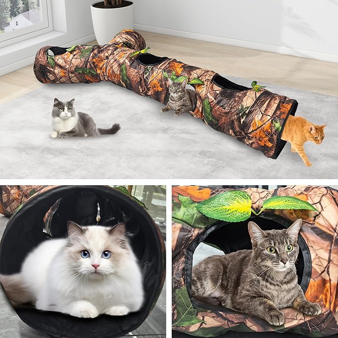 Cat Tunnel,Under Christmas Tree 59" Large Y-Shape Cat Cave with 3 Rustle Channels & Leaves, Portable Cat Bed Toy for Indoor Kittens & Small Pets to Chase and Play, Easy Storage (Brown)
