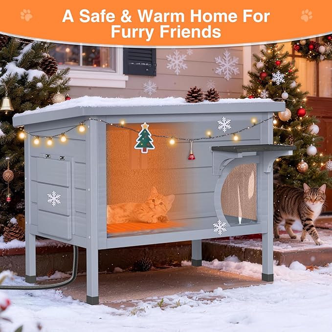 Heated Cat House for Outside - Wooden Insulated Cat Houses Outdoor, Winter Warm Cat Home Weatherproof Waterproof, Clawsable Feral Kitty Shelter with Heated Pad, Escape Door