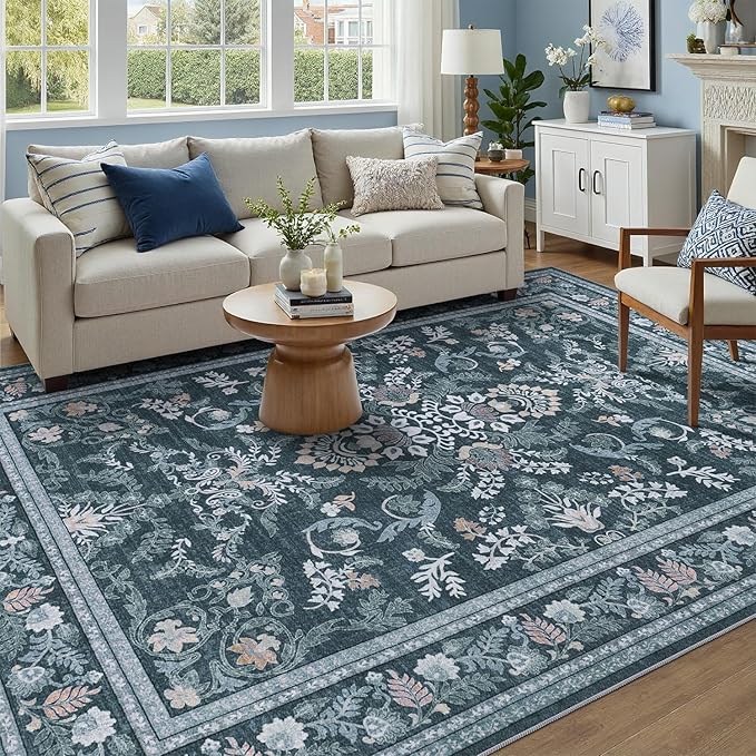 DCX Navy Blue 4x6 Area Rug, Machine Washable Non Slip Stain Resistant Soft Vintage Floral Rug, for Living Room, Bedroom, Dining Room, Soft Low Pile Large Carpet
