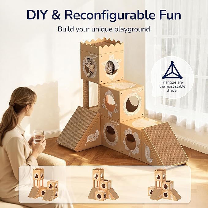 DIY Cardboard Cat House, Multi-Level Cat Tree Tower with Scratching Posts, Scratching Pad, Tunnel & Playhouse for Kittens & Adult Cats, Recyclable 48.8" × 25" × 40.16", Kraft Brown
