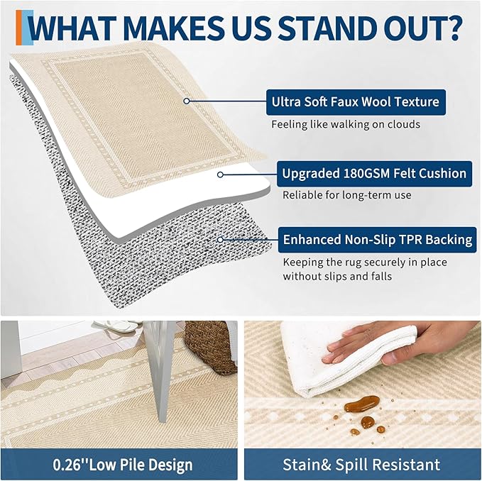 GarveeHome Washable 8x10 Area Rugs with Non Slip Backing, Large Solid Rugs for Living Room Bedroom, Modern Border Neutral Soft Carpet, Stain-Resistant Floor Mats for Nursery, Home Decor, Beige