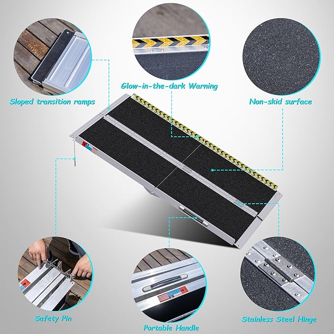 Portable Wheelchair Ramp 5FT, Anti-Slip Aluminum Folding Portable Ramp, Wheelchair Ramps for Home, Weight Capacity Up to 800 LBS, with Transition Plates Above and Below, Loading Dock Plates
