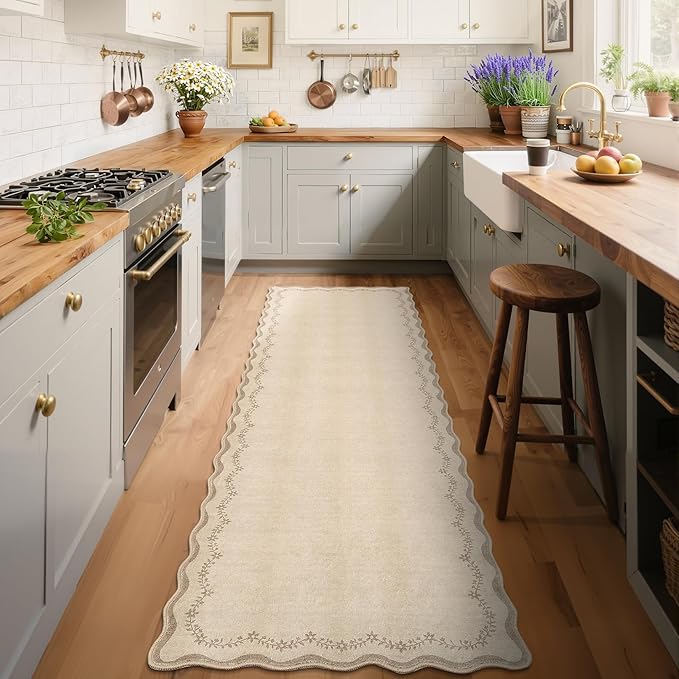 GarveeHome 2.6x10 Scalloped Washable Runner Rug for Kitchen, Soft Jute Long Hallway Runner Non Slip Entryway Rug Farmhouse Thin Laundry Mat Stain Resistant Carpet for Bathroom Beside Rug