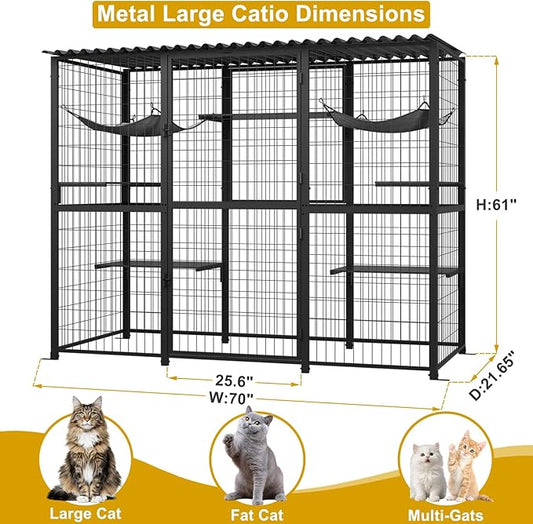 ROOMTEC Outdoor Catio with Roof Metal Large Cat Enclosure with 5 Jumping Platforms and 2 Hammocks Cat Cage Enclosure for Cat Activity (Black)