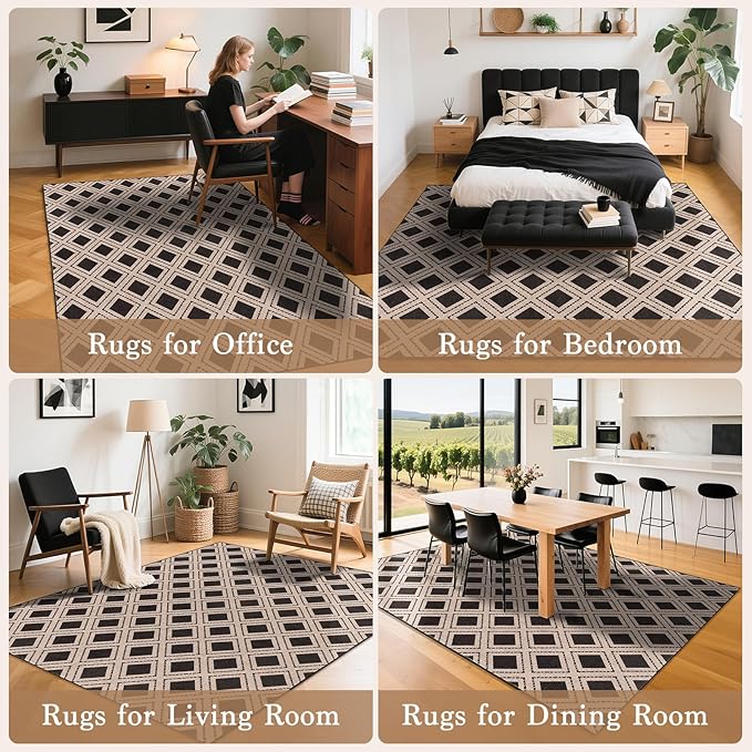 LBRO2M Checkered Rug 5X7 Washable Rugs for Living Room Bedroom Non Slip Rugs Easy Clean, Soft Low Piles Stain Resistant Carpet Geometric Area Rug Great for Pets and Family (5'X7' Black)