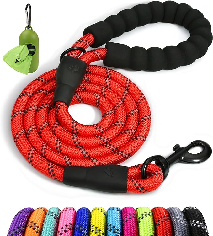 Taglory Rope Dog Leash 4 FT with Comfortable Padded Handle, Highly Reflective Threads Leash for Medium Large Dogs, 1/2 inch, Red