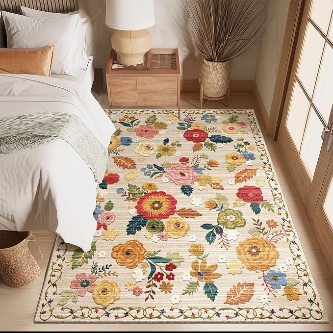 4x6 Bedroom Area Rug Washable: Entry Throw Rug Stain Resistant Boho Rug Non Slip Low Pile Small Carpet for Bedroom Kitchen Entryway Living Room Bedside Office Dorm Kids Room Entrance