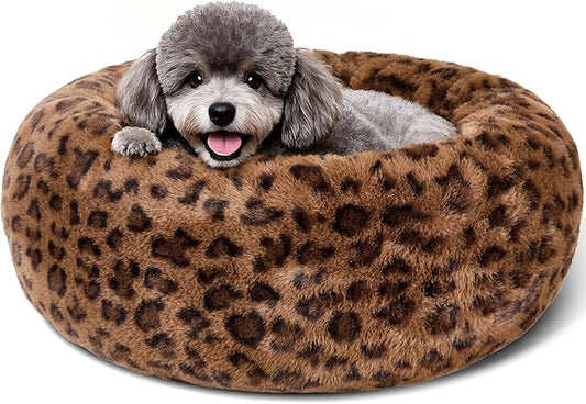 Dog Calming Beds for Small Medium Large Dogs - Round Donut Washable Puppy Dog Bed, Anti-Slip Faux Fur Fluffy Donut Cuddle Anxiety Cat Pet Bed (24" Leopard Print)