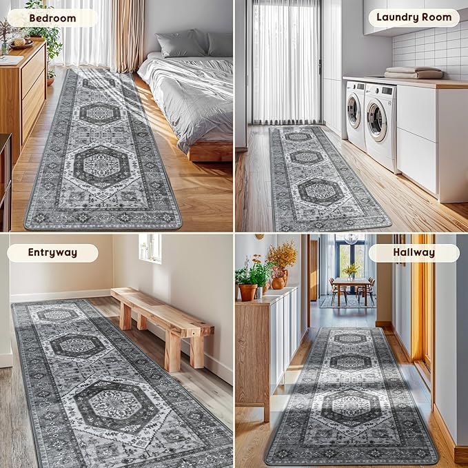LBRO2M Boho Hallway Rug 2'X10’ Washable Runner Rugs Non Slip Low Piles Rugs Vintage, Soft, Dark Gray Area Rug Runners for Hallways, Bedroom, Kitchen Laundry Room Pattern Print (2'X10', Deep Gray)