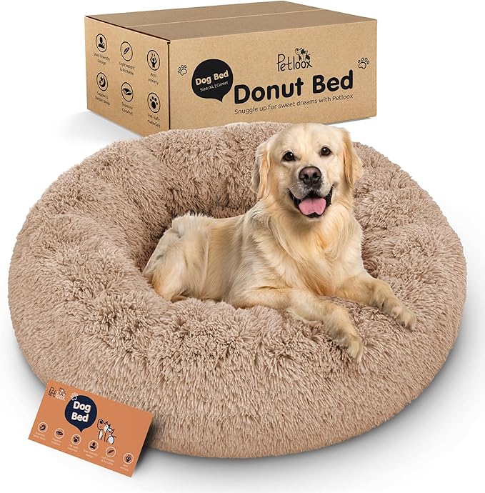 Donut Dog Bed - Premium Comfort for Anxiety Relief - Fluffy & Calming Design with Ultra-Plush Support | Cozy Round Dog Bed with Super Soft Circle Style (Camel, X-Large)