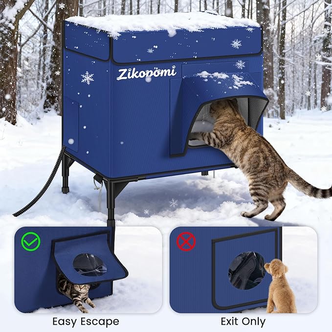 Zikopomi Heated Cat House for Outside with Elevated Base Outdoor Cat House with 2 Safe Escape Doors Cat-Attracting Eave Design Feral Stray Shelter Weatherproof in Winter Garage Yard Porch
