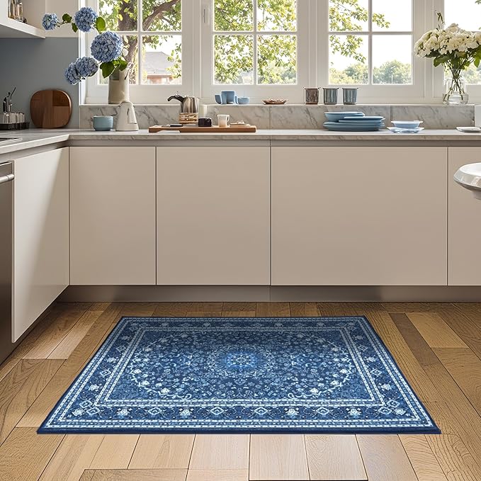 Lessymo 2 x 3 Entryway Rug - Machine Washable Area Rugs Boho Faux Wool Low Pile Area Rug for Bedroom, Floral Medallion Vintage Outdoor Rugs with Non-Slip Rubber,Blue White