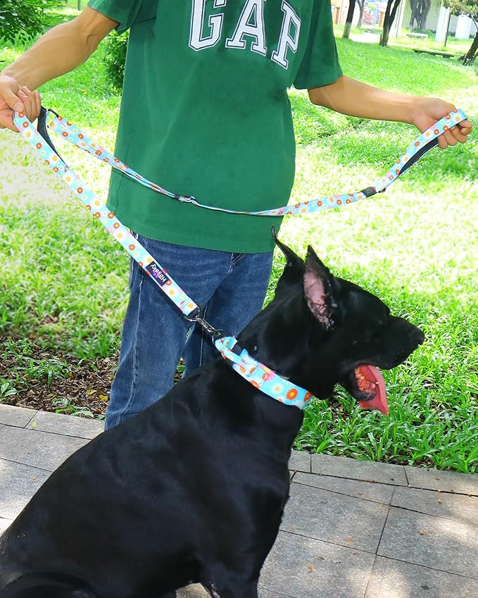 Hotsky Double Handle Dog Leash for Large Medium and Small Breed Dogs That Pull,Adjustable Nylon Heavy Duty Dog Leash with Car Seat Belt for Walking and Training,Daisy,4.5-6 FT
