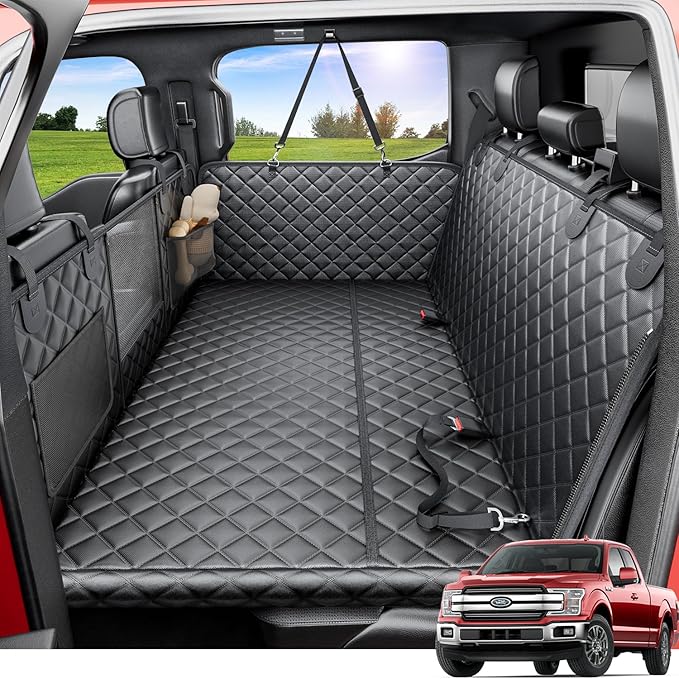 REEVAA Dog Truck Seat Cover for Back Seat, Hard Bottom Dog Hammock for Car, Pet Bed Extender for 2-4 Large Dogs, Waterproof Seat Protector, Universal XL Size Fits for Crew Cab Truck/SUV, Black
