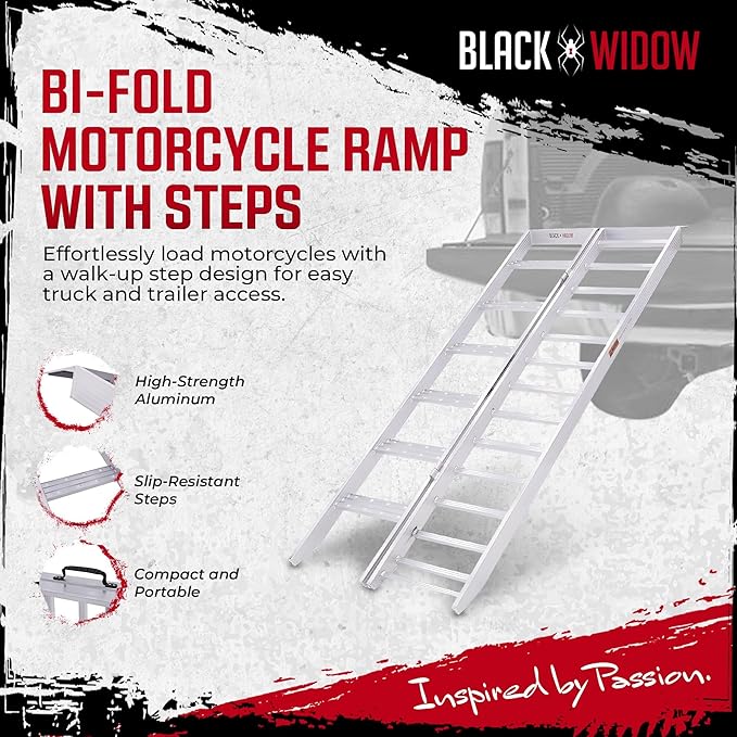 Black Widow Aluminum Motorcycle Ramp, Folding Ramps with Steps, 750 Lbs Capacity, Silver - Portable Loading Equipment and Storage Accessories for Motorcycles, Trucks, Trailers and Vehicles