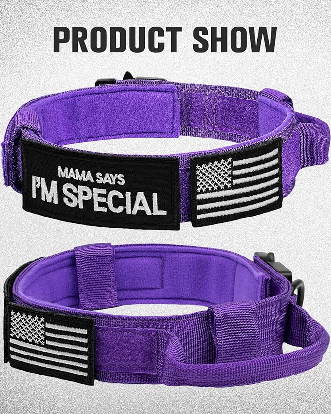 Joytale Tactical Dog Collar with Handle, Adjustable Heavy Duty Military Collar with 2 Patches for Training, Suitable for XLarge Dogs, Purple, XL