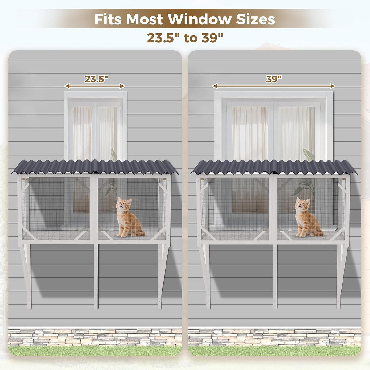 Cat Window Box, 43.3" Catio o Outdoor Cat Enclosure for Sunbathing, Napping & Bird Watching, Wood Cat Window Perch with Mosquito Net Window Catio for Indoor Cats (White)