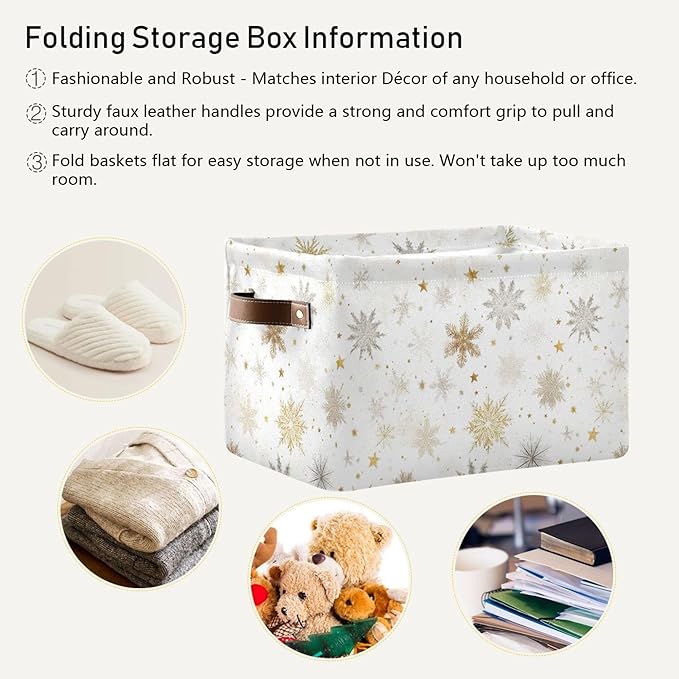 Winter Snowflake White Storage Basket with Waterproof Liner and PU Handles Golden Christmas Holiday Xmas Storage Boxes 14.2" Collapsible Decorative Organizer Baskets for Bedroom Closet Office 1 Pack