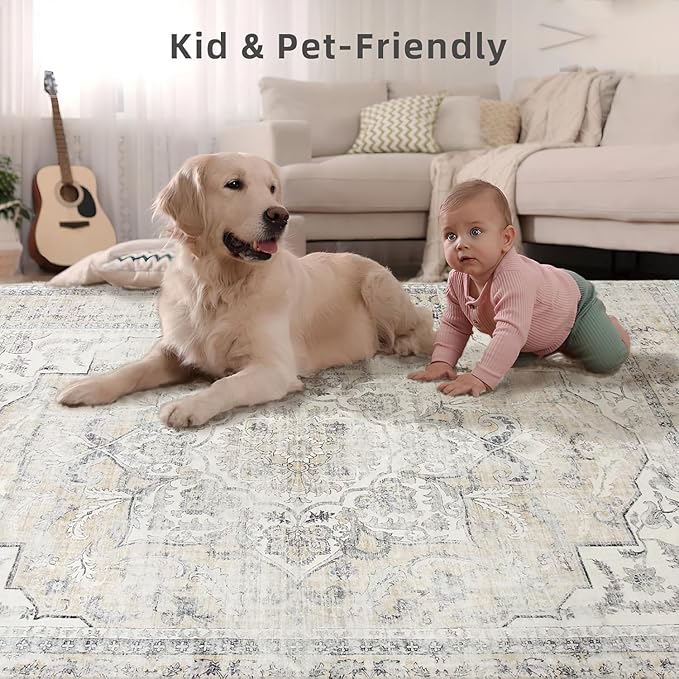 Area Rugs 10x14 Living Room: Washable Rugs for Bedroom Stain Resistant Non Slip Distressed Vintage Large Boho Rug Low Pile Faux Wool Soft Carpets for Living Room Dining Room Farmhouse Playroom