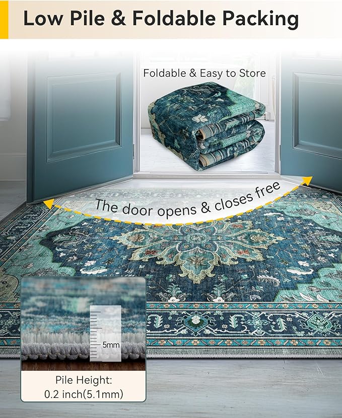 Area Rugs 3'x6' Runner Rug Non Slip Washable for Kitchen Hallway Bedroom Beside Laundry Room Bathroom Rug, Floor Carpet, Teal Green Lake Blue Turquoise