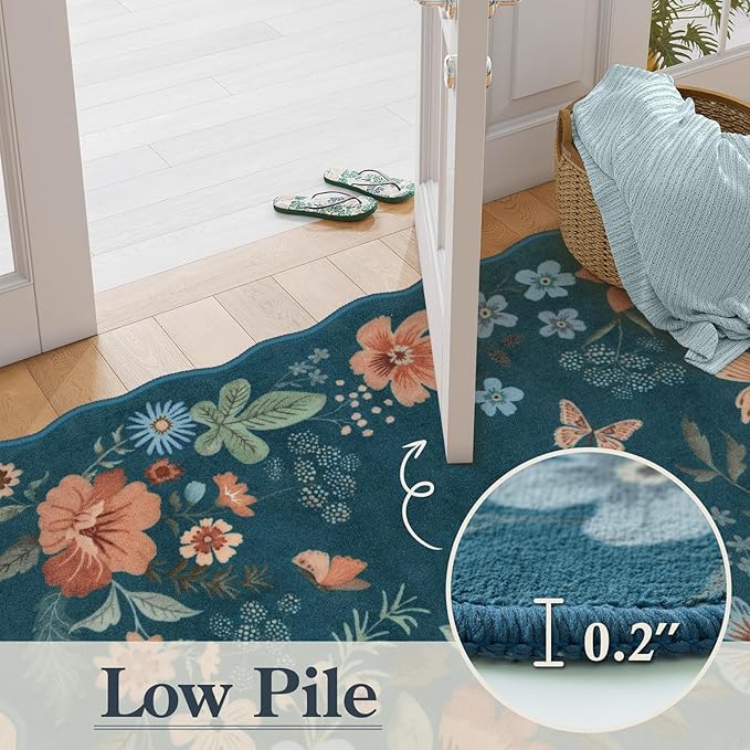 Lahome Floral Washable Entryway Rug, 2X3 Soft Kitchen Rugs Non-Slip, Ultra-Thin Door Mat Indoor Entrance Stain Resistant Boho Small Throw Carpet for Bathroom Bedroom Entry, Navy Blue