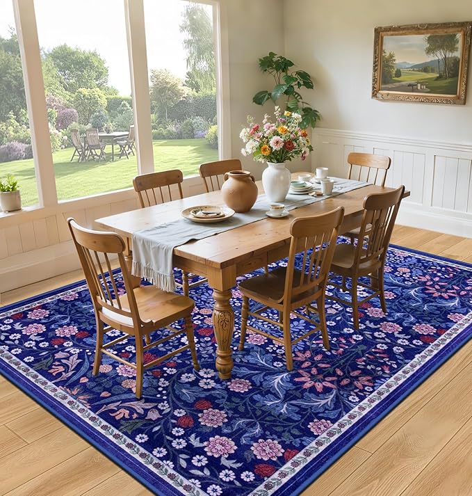 10x14 Area Rugs for Living Room: Floral Washable Rug Vintage Large Soft Boho Non-Slip Carpet Indoor Floor Stain Resistant Low Pile Carpets for Bedroom Dining Room Farmhouse Nursery Hallway Home Office