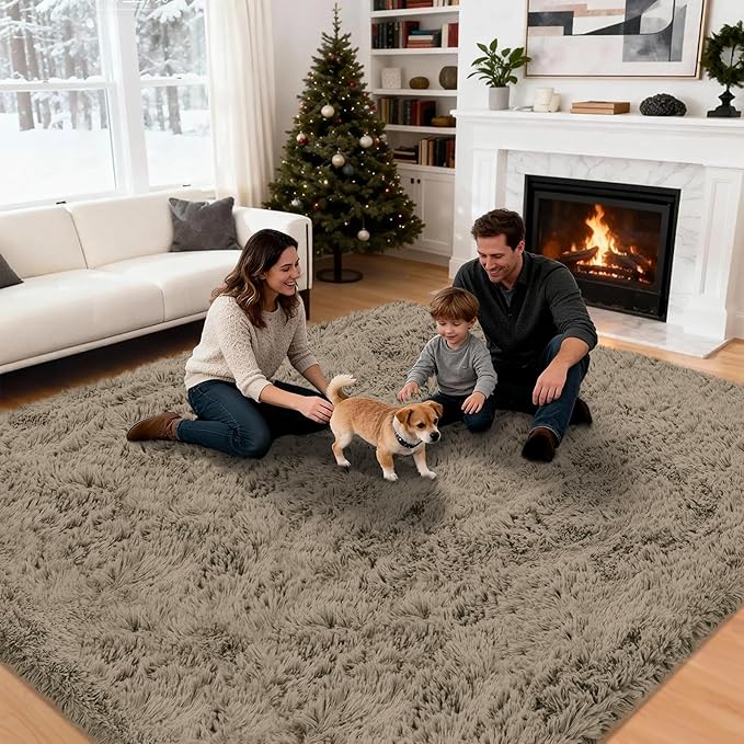 8x10 Area Rug for Living Room: Ultra Soft Fluffy Rug Modern Large Thicked Shag Rug for Bedroom Non Slip Indoor Fuzzy Carpets for Girls Kids Room Nursery Dorm Home Decor Gray Camel