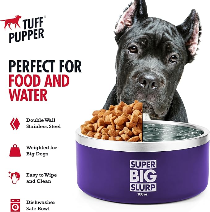 Tuff Pupper Heavy Duty Insulated Dog Bowl | Double Wall Stainless Steel Dog Food Dish | Non-Slip Spill Proof Dishwasher Safe Cat Bowl | Water Dish for Feeding Large Medium Small Pets (188oz, Purple)