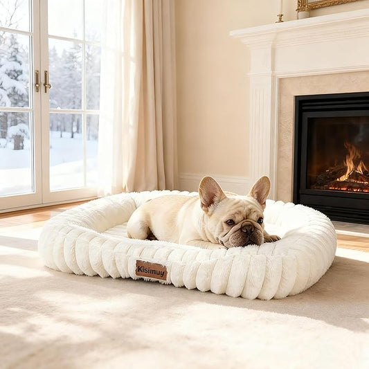 Washable Dog Bed Medium Size Dog, Soft Plush Calming Puppy Bed with Anti-Slip Bottom & Portable Handle, Cream Orthopedic Rectangle Anti-Anxiety Small Pet Kennel Bed, 30" x 24" x 5"