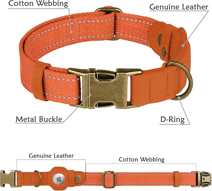 Reflective Leather Dog Collar with AirTag Holder - Soft Apple Airtag Dog Collar with Metal Buckle - Safety Cotton Pet Collars for Dogs Small Large Dogs Puppy (Orange, L, 17"-21")