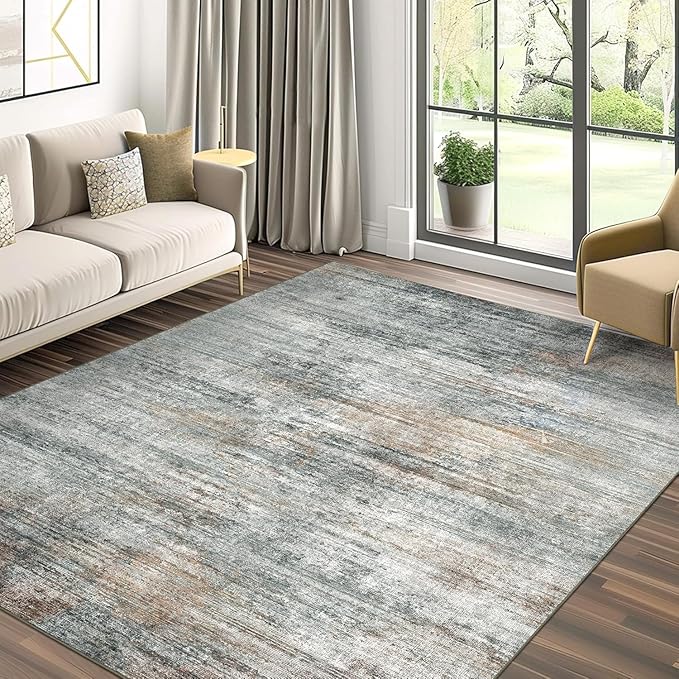 Area Rugs 5x7 for Living Room Bedroom, Modern Abstract Machine Washable Rug, Large Soft Low Pile Floor Cover with Non Slip Backing for Dining Room, Ash Gray Brown