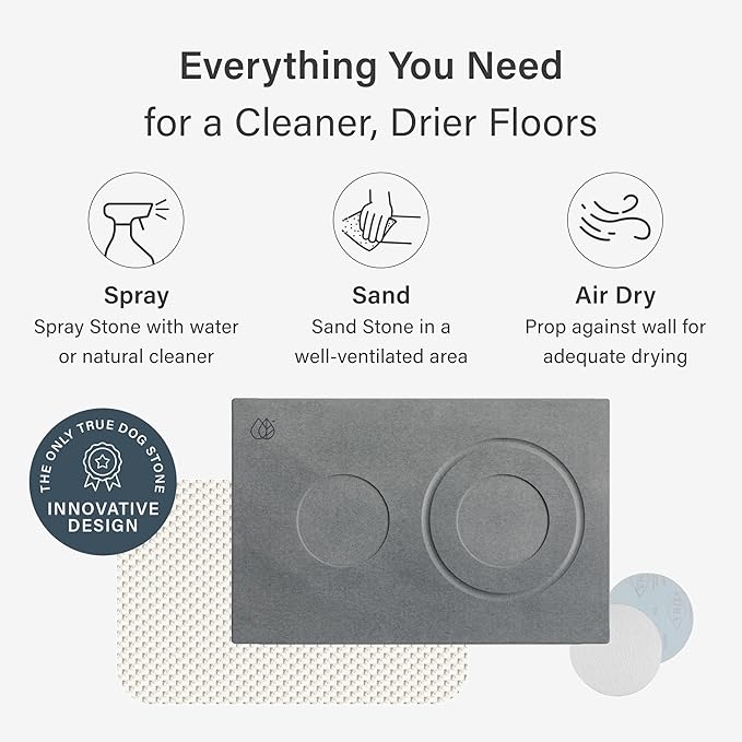 Dorai Home Stone Drying Mat for Dog Bowls – Absorbent Quick-Drying Pet Feeding Mat with Diatomaceous Earth, Non-Slip Base, and Water Gutter – Stone Mat for Dog Food and Water – (23.6" x 15.4")