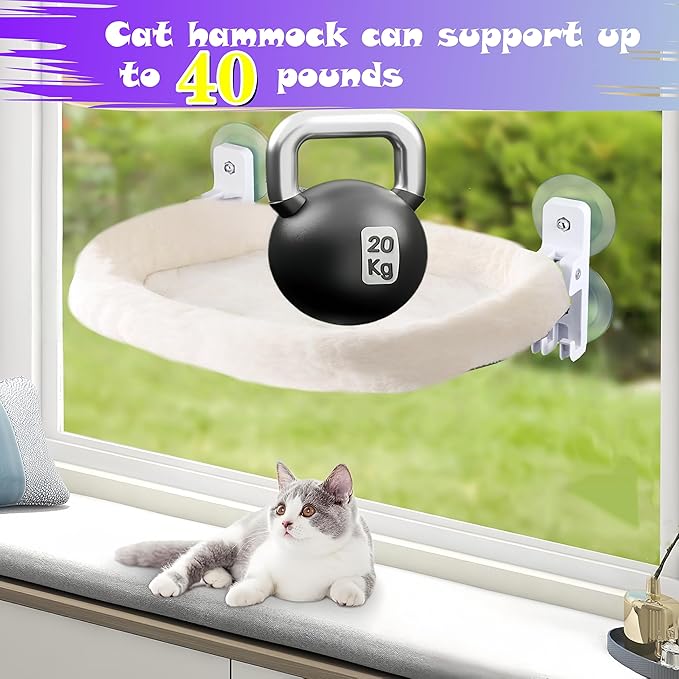 Cat Window Perch Cat Hammock Foldable Hanging Bed，Upgrade Strong Suction Cups Sturdy Holds Up to 25kg,Easy to Assemble,Reversible Cover 53 * 30cm (White, M-52CM)