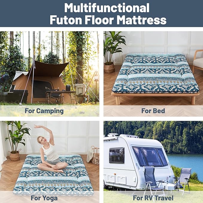 Japanese Floor Mattress, Futon Mattress with Portable Storage Bag and Washable Cover, Roll Up Thick Tatami Mat Suitable for Camping, Guest Room (Blue Striped Jacquard, Full)