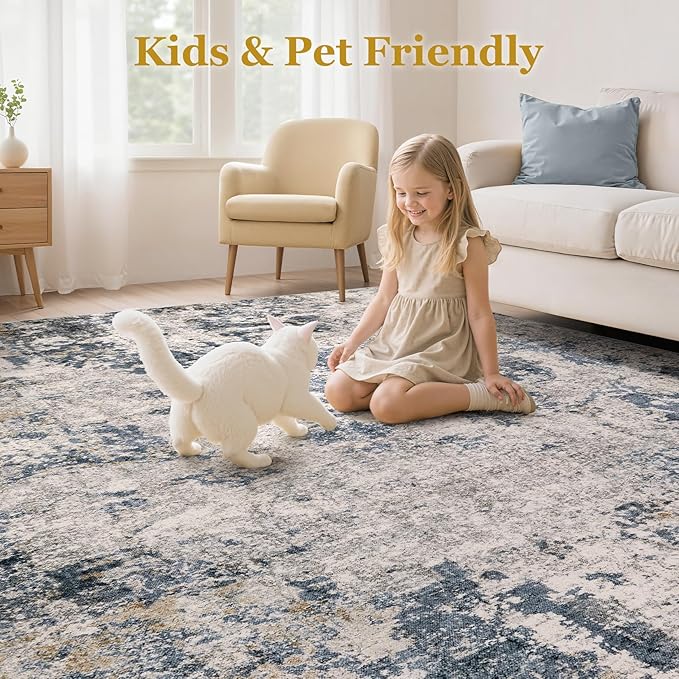 Area Rugs for Living Room: 9x12 Abstract Washable Rug Large Soft Stain Resistant Non-Slip Backing for Bedroom Dining Room Indoor Home Office Carpet for Kids Pet Friendly Families - Blue Brown
