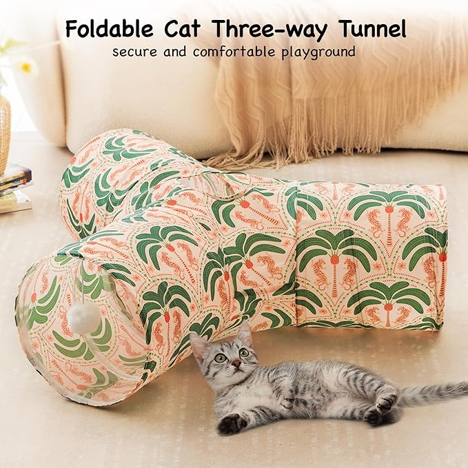 Tempcore Pet Cat Tunnel Tube Cat Toys 3 Way Collapsible, Cat Tunnels for Indoor Cats，Kitty Tunnel Bored Pet Toys Peek Hole Toy Ball Puppy, Kitty, Kitten, Rabbit Khaki Coconut Tree