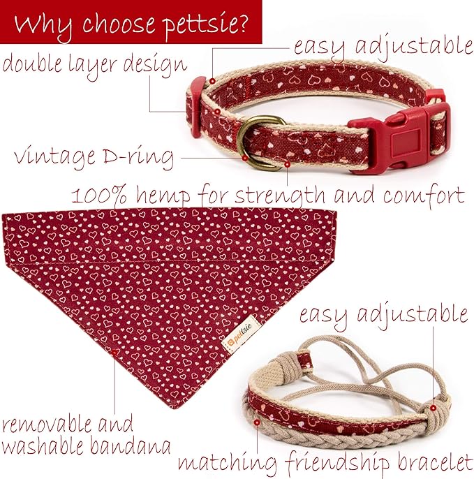 Pettsie Adjustable Dog Bandana Collar with Matching Owner Friendship Bracelet – Soft & Durable Hemp, Stylish Removable Scarf for Dogs, Gift-Ready Set for Pet Lovers, Large, Red
