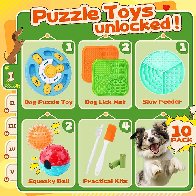 10 Pack Complete Dog Puzzle Toys Set-Dog Lick Mat & Feeding Bowl with Suction Cups for Small & Medium Breeds,Enrichment Toys for IQ Training & Mentally Stimulating