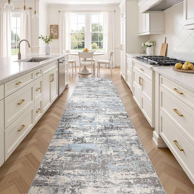 Hallway Washable Runner Rug: 3x14 Abstract Modern Soft Stain Resistant Non-Slip Backing Runner for for Entryway Kitchen Laundry - Blue Grey