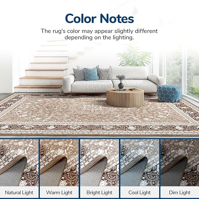 Lessymo 5x7 Area Rugs 5x7, Machine Washable Area Rugs, Super Soft Faux-Wool Area Rug for Living Room Bedroom, Boho Area Rug Vintage Floral Medallion, Non-Slip Low Pile, Kid & Pet Friendly,Brown White