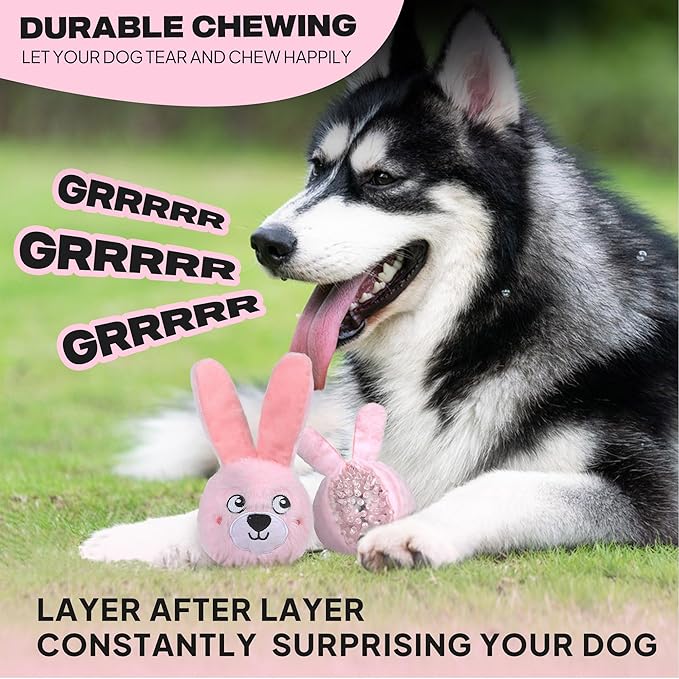 Fida Squeaky Dog Toys for Aggressive Chewers 3 in 1, Dog Chew Toys with 3 Layers,Interactive Dog Toys for Large Dogs Balls to Keep Them Busy for Small Medium Dogs(Pink Bunny)
