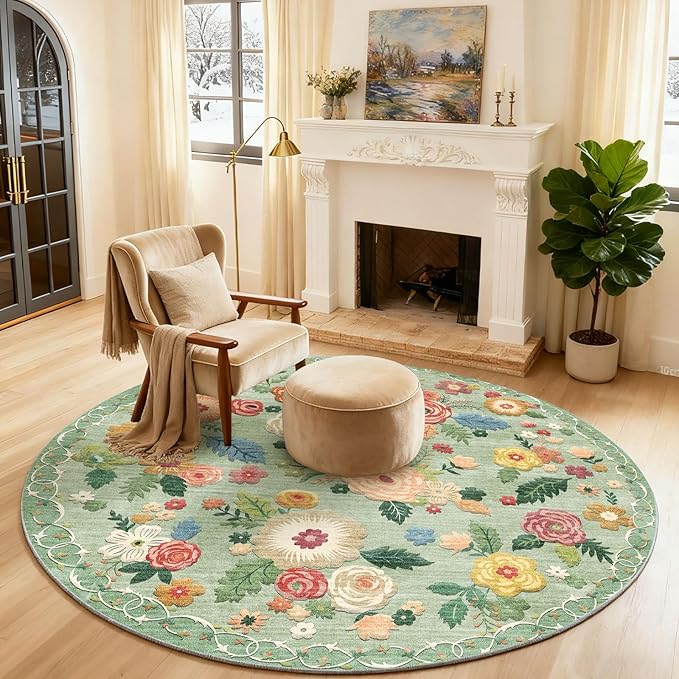 4x4 Round Bedroom Rug Washable: Round AreaRug Stain Resistant Green Floral Rug Non Slip Low Pile Small Carpet for Bedroom Kitchen Entryway Living Room Bedside Office Dorm Kids Room Entrance
